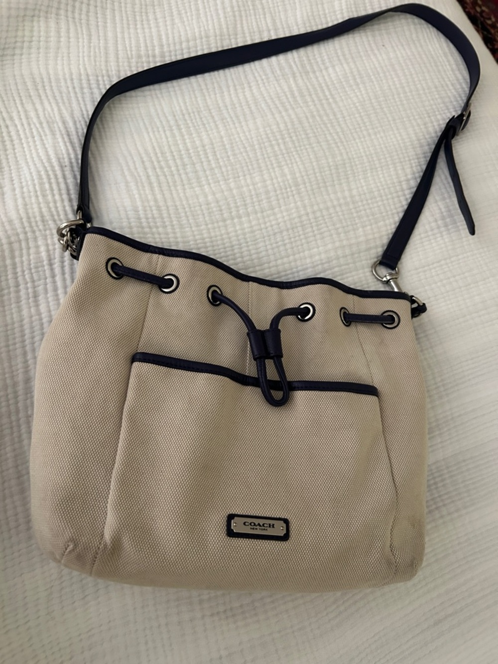 Coach Canvas + Navy Leather Drawstring Shoulder Bucket Bag Silver Hardware - Picture 11 of 14